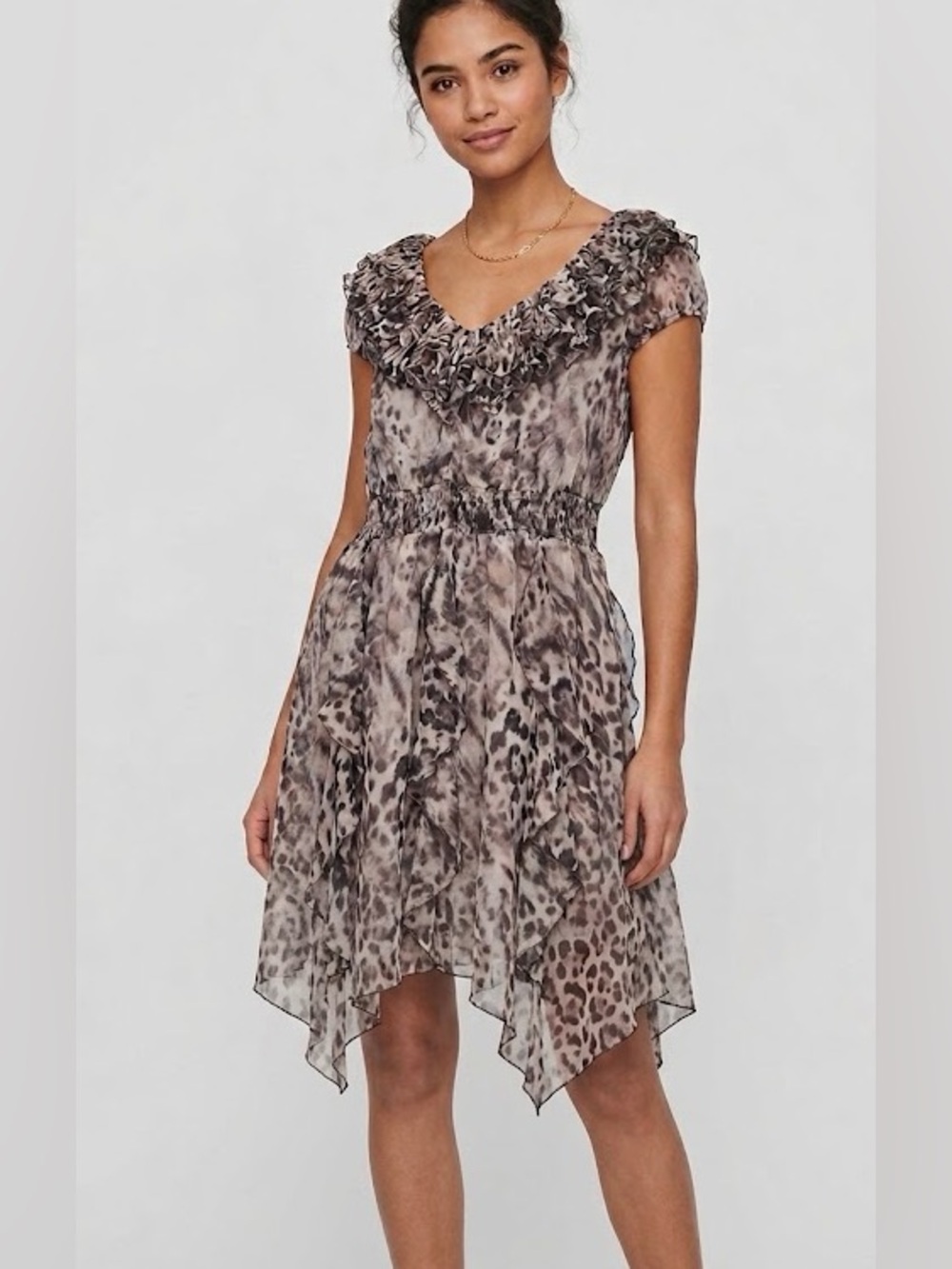 Vero Moda Vintage Classic Neutral Leopard-Print dress with ruffles